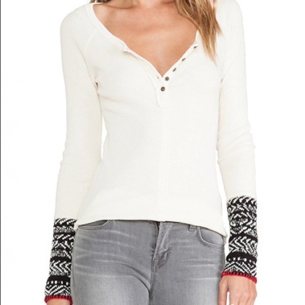 Free People Cream Waffle Long Sleeve Top